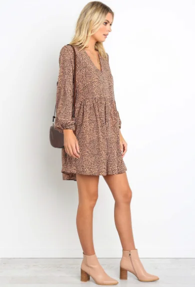 

Houthion Women's Dress New Leopard Print Off-the-shoulder Dress Long Sleeve V-neck Fashion Casual Hedging Knitting Sexy