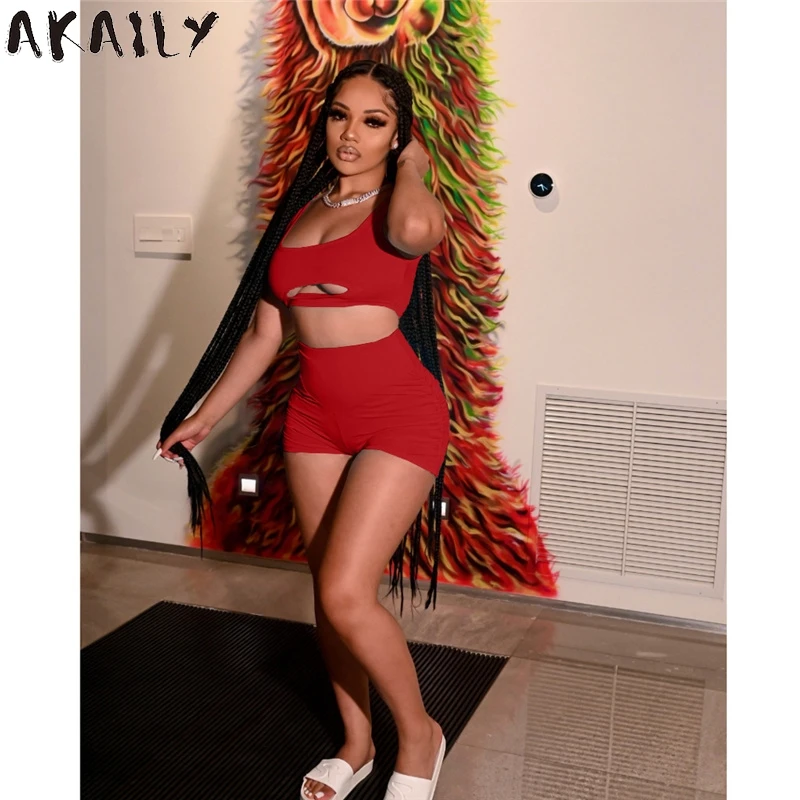 

Akaily Streetwear Hollow Out Crop Top Shorts Set 2 Two Piece Sets Women Outfits Matching Sets Summer Black Female Tracksuit 2021
