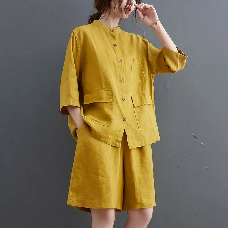 

2 Piece Sets Women Cotton Linen Casual Suits New 2021 Summer Vintage Style Loose Female Shirts And Knee Length Pants S3849