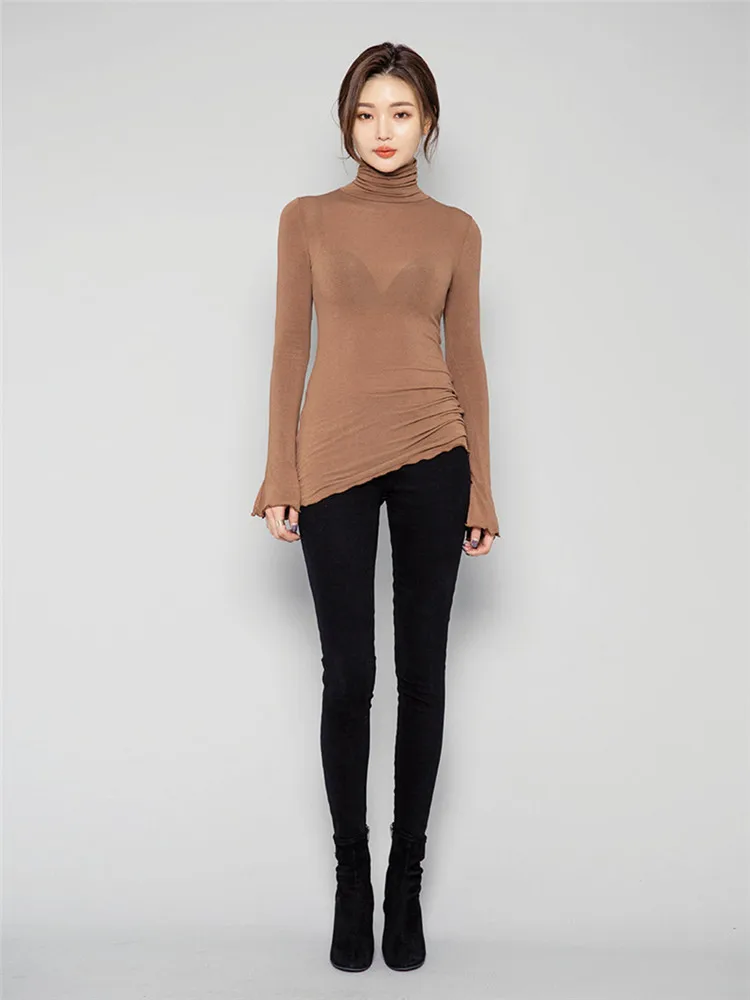 Весенний пуловер водолазка женская футболка однотонная Повседневная женские