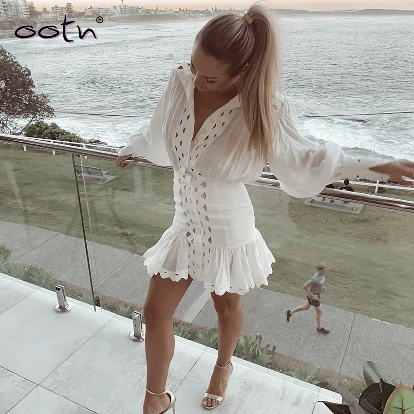 OOTN Белое Женское модное платье рубашка с длинным рукавом повседневное