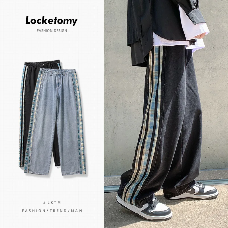 

Men's Jeans High Street Wide-leg Side Stripes Plaid Loose Pendant Straight Black Mopping Pants Streetwear Men's штаны мужские