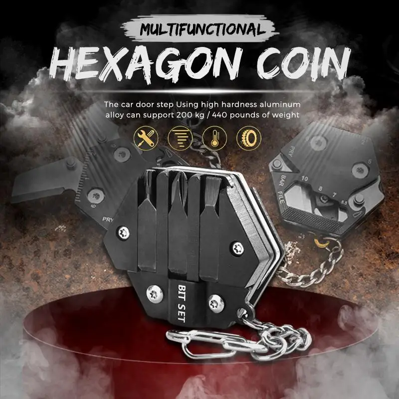 

Multifunctional Hexagon Coin Outdoor EDC Tool Hexagon Folding Coin Keychain Screwdriver Pocket Fold Mini Gear Tools