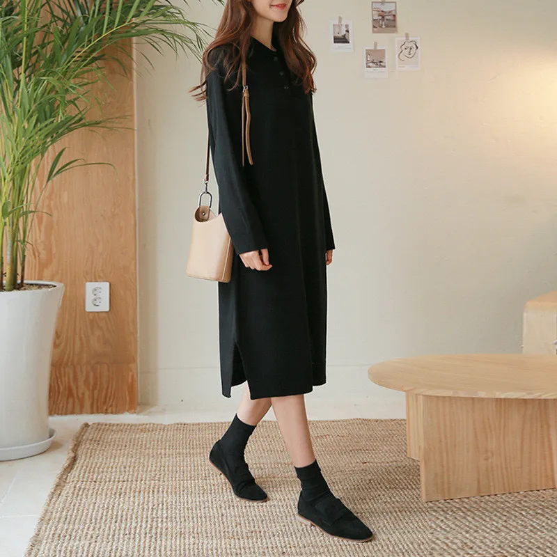 

2020 Autumn Winter New Fashion Knitted Dress Female Temperament Lapel Loose Versatile Long Sleeved Mid Length Base Skirt C502