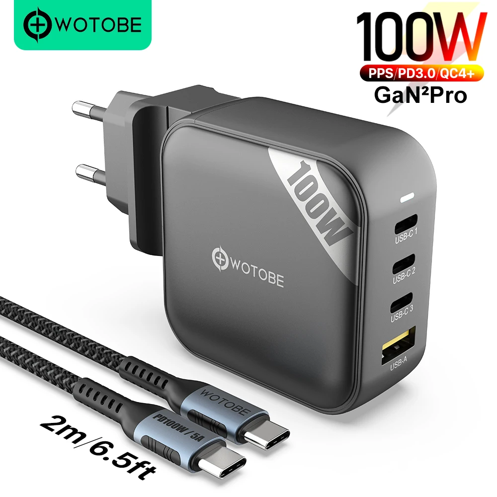 

WOTOBE 100W 4-Port GaN 2 Pro USB C Power Adapter PD100W/87W/65W/45W/25W/20W Fast Charger for Samsung Macbook Pro iPhone xiaomi
