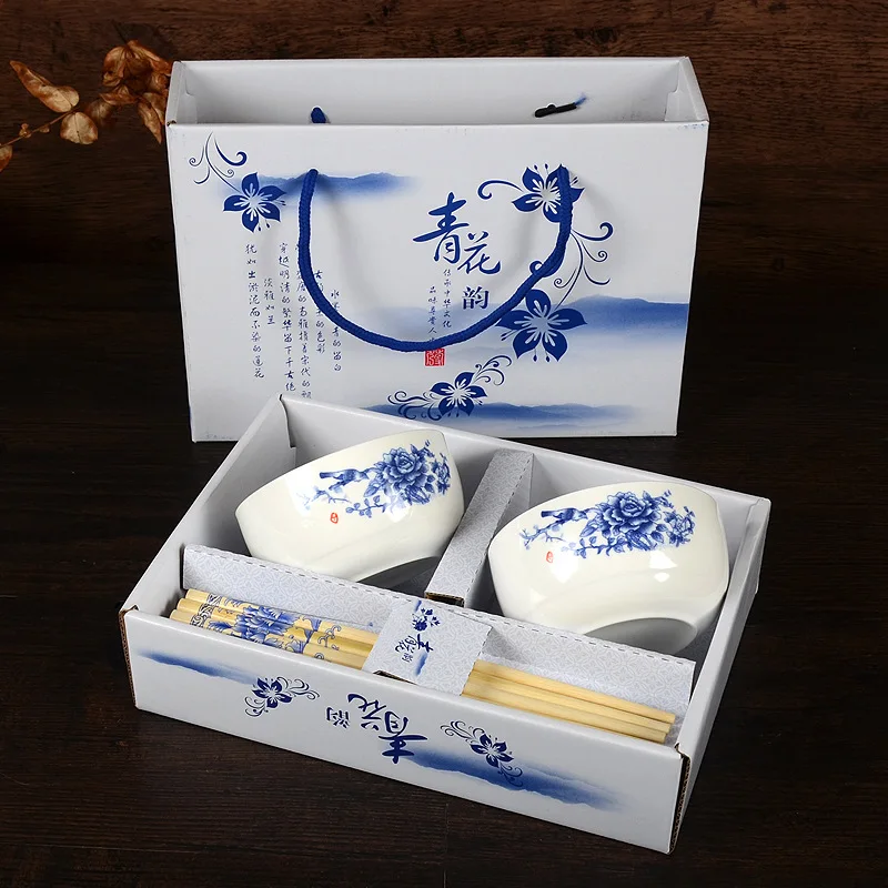 Фарфоровая миска синего и белого цвета посуда палочки для еды Подарочная коробка