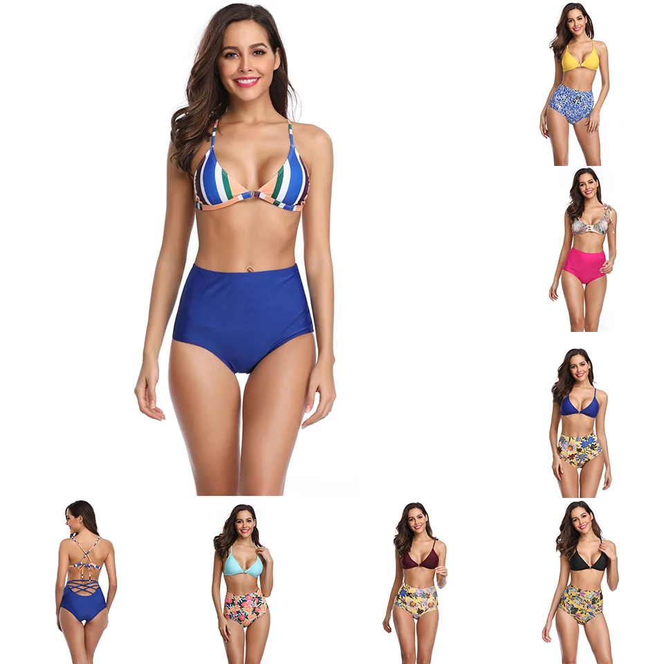 

2PCS 7 Styles Print Bikini Set Summer Triangle Swimsuit for Women Push Up Padded Bandage Bathing Suit Floral Blue Beachwear