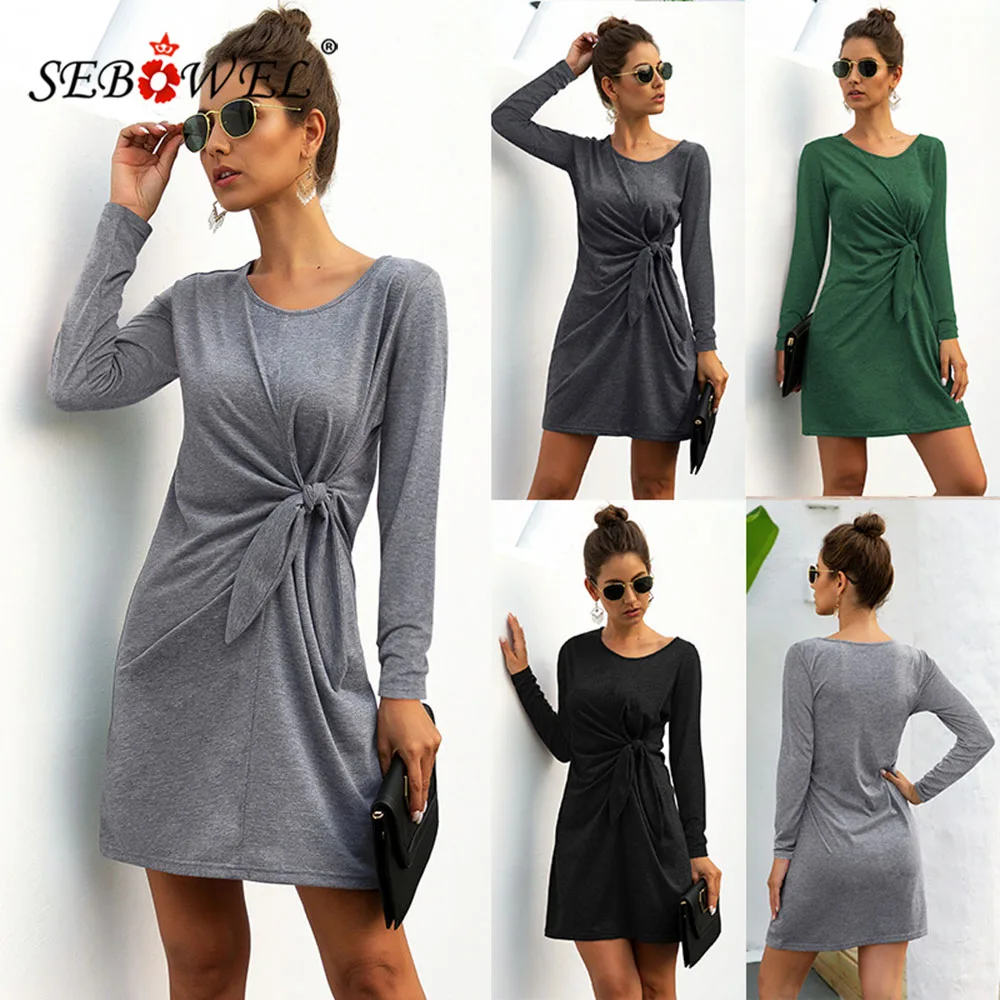 

SEBOWEL 2020 Autumn Winter Women's Long Sleeve Solid Color Knotted Dress Basic Casual Office Ladies Mini Dresses Vestidos S-XL