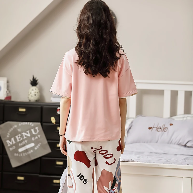 

Summer Knitted Cotton Women Pajamas Set Short Sleeve Casual Soft Sweet Female Sleepwear Big Size M-XXL Pyjama Femme