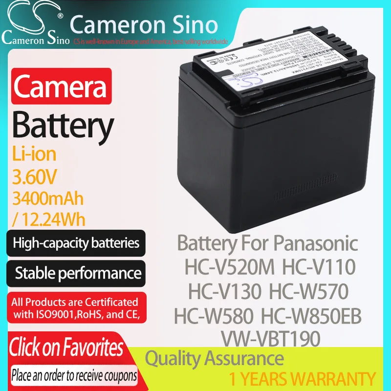 

CameronSino Battery for Panasonic HC-V520M HC-V110 HC-V130 HC-W570 HC-W580 fits Panasonic VW-VBT190 Digital camera Batteries