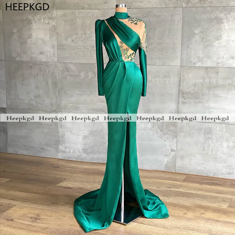 

Новые зеленые 2021 Русалка вечернее платье с разрезом спереди, с прозрачными вставками атласные вечерние женские платья размера плюс вечерни...