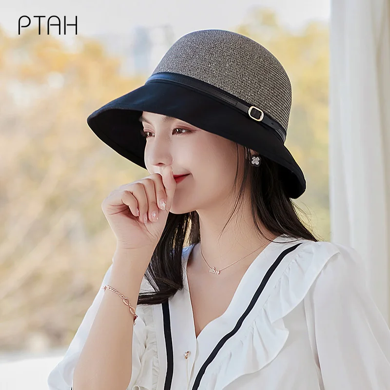 

[PTAH] Summer Women's Straw Cloth Hats Breathable Comfortable Caps Foldable Beach Casual Hat Sun Protection Anti-UV Hats Female