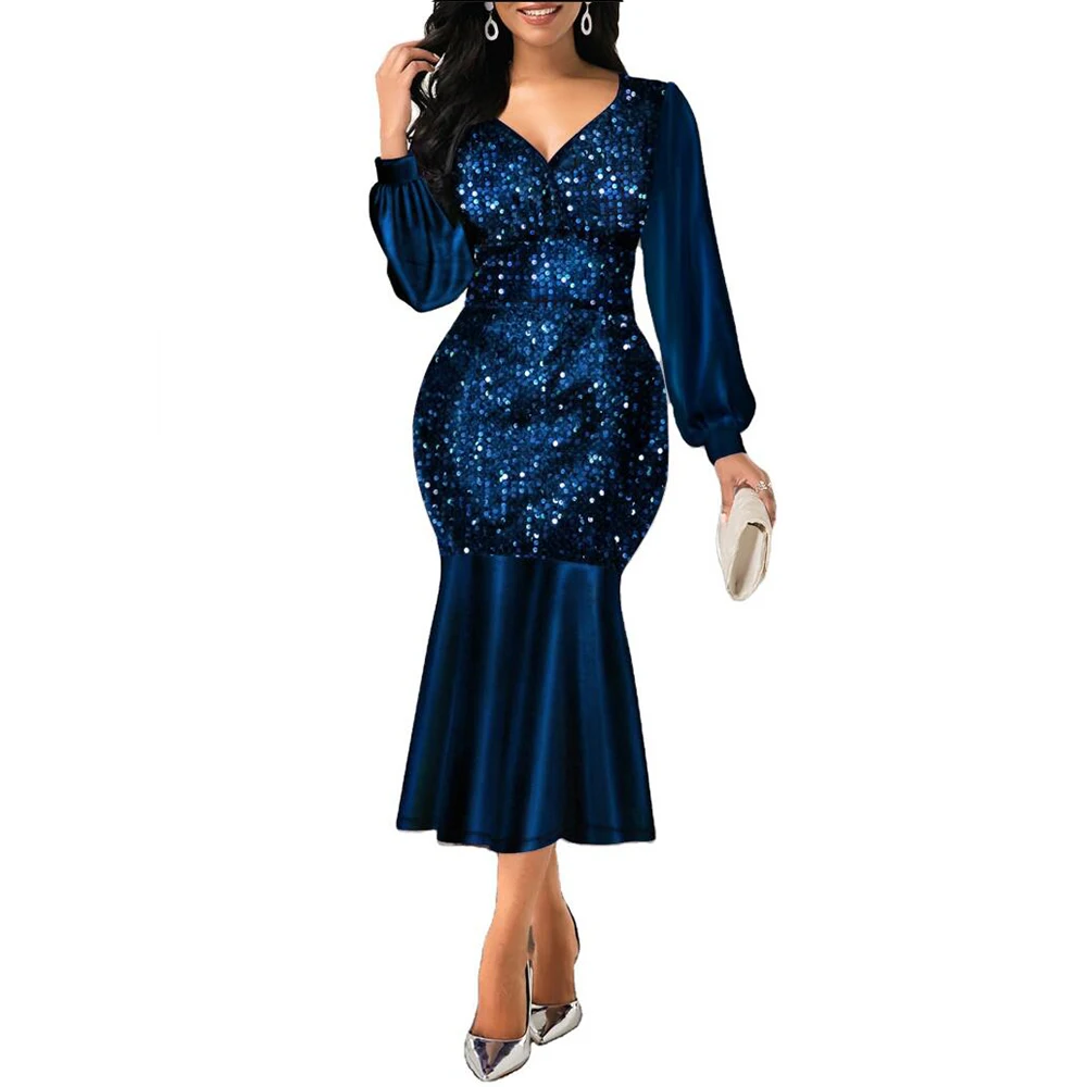 Dress for Women 2021 Sexy V Neck Sequin Evening Wedding Party Dress Elegant Shiny Long Sleeve Bodycon Mermaid Dresses Formal 5xl