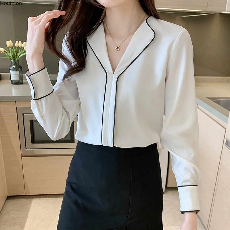 

Summer New Women's Blouses V-neck Long Sleeve Shirt Solid Color Chiffon Top Casual Fashion Loose Clothing Houthion