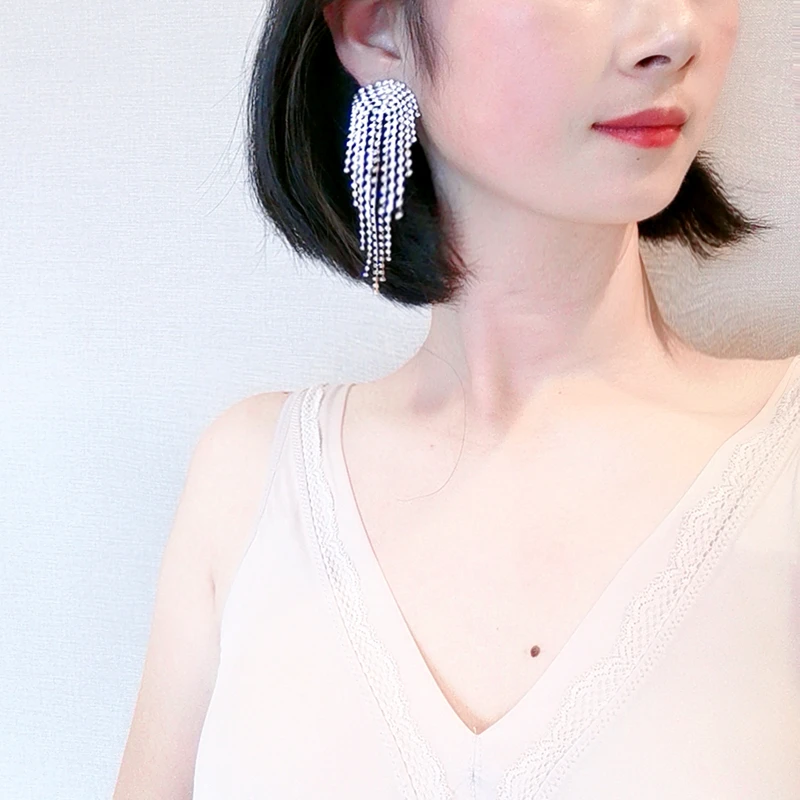 Trendy Crystal Tassel Drop Earrings For Woman Luxury Rhinestone Long Wedding Dangle Earring Female Bohemia Jewelry 2019 New | Украшения и