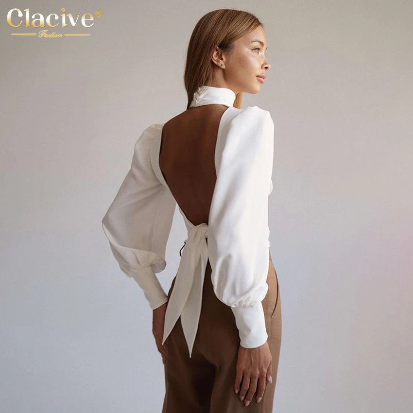

Clacive Elegant Lantern Sleeve White Women Shirts Sexy Slim Turtleneck Ladies T-Shirts Vintage Backless Lace-Up Top Woman