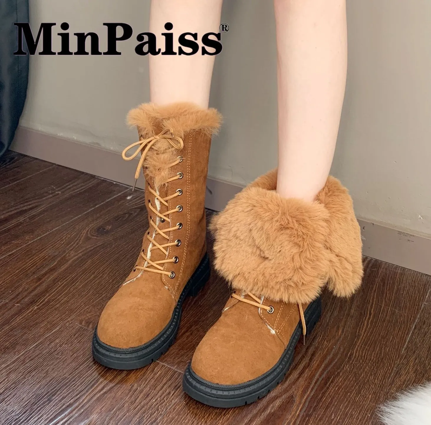 Зимние сапоги на кроличьем меху зимние бархатные до середины икры Корейская версия женской хлопковой обуви