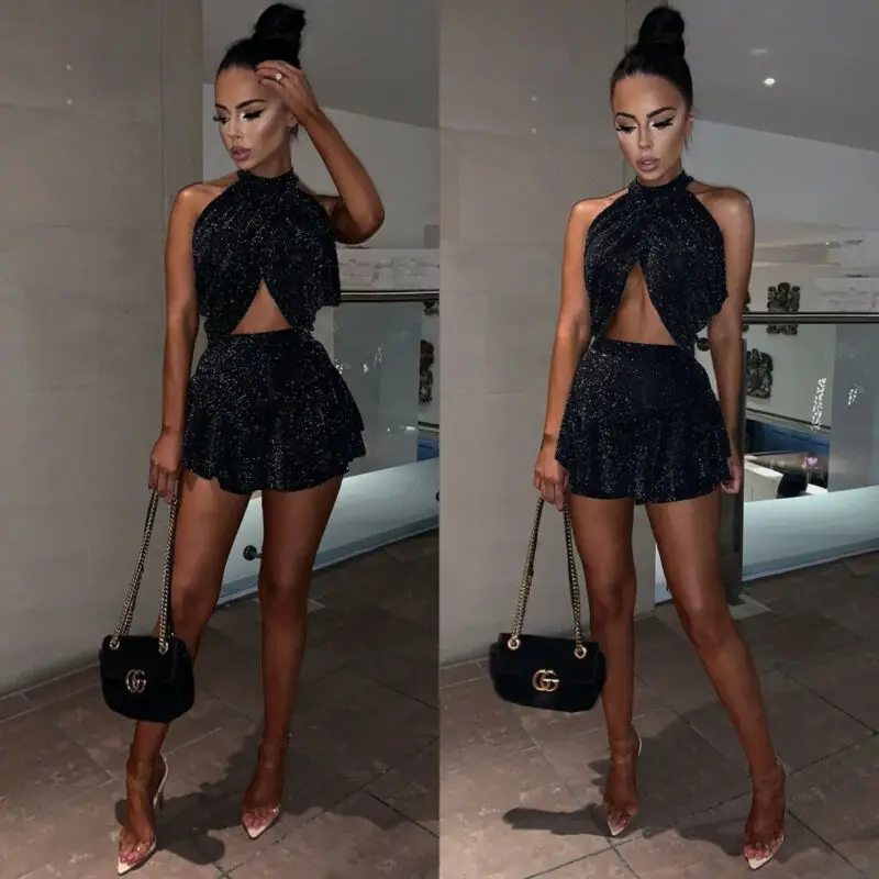 Sexy Women 2pcs Halter Vest Black Skirts Female Sequin Shiny Glitter Bodycon Backless Clothes Sets S-XL |