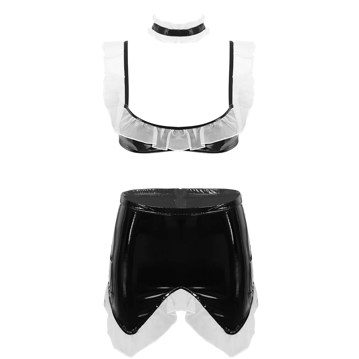 Женское экзотическое нижнее белье из кожи с открытой мини-юбкой и чокером |