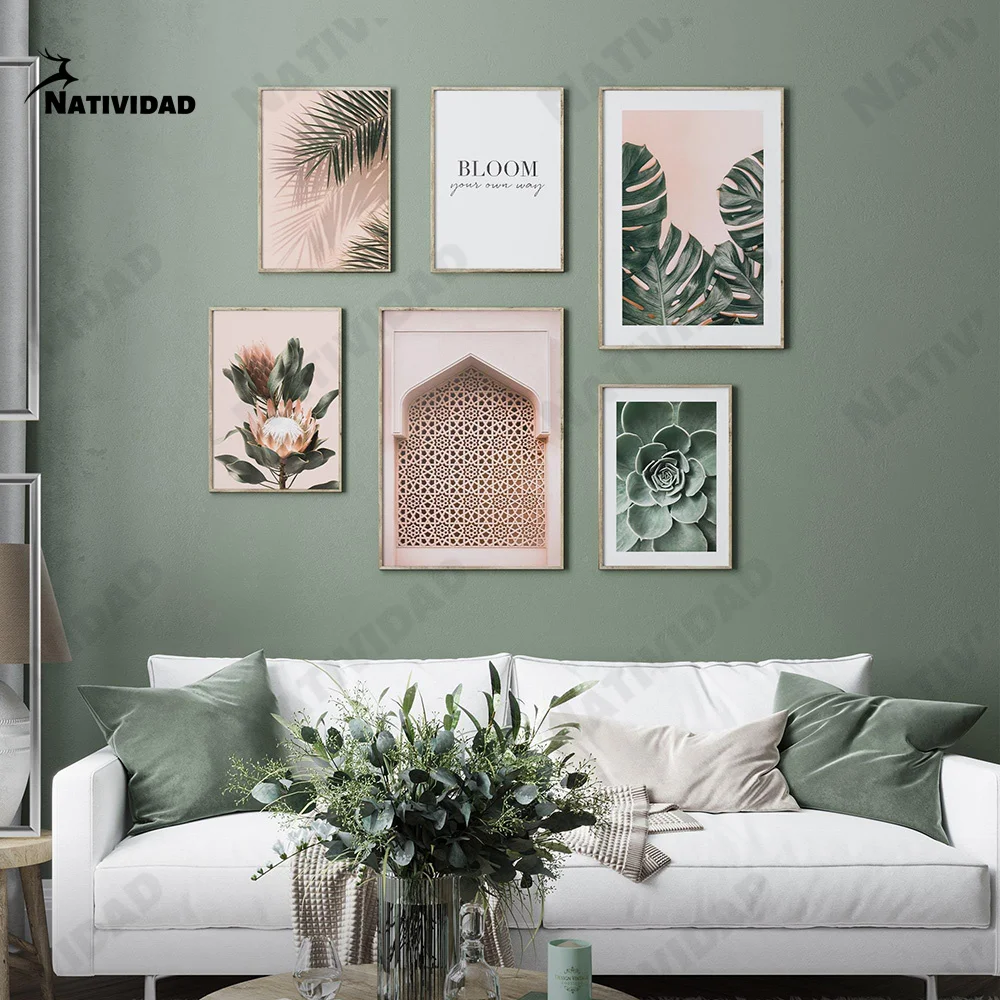 

Palm Leaf Plant Pink Bloom Flower Nordic Canvas Painting Wall Art Posters and Prints Pictures for Living Room Home Decor