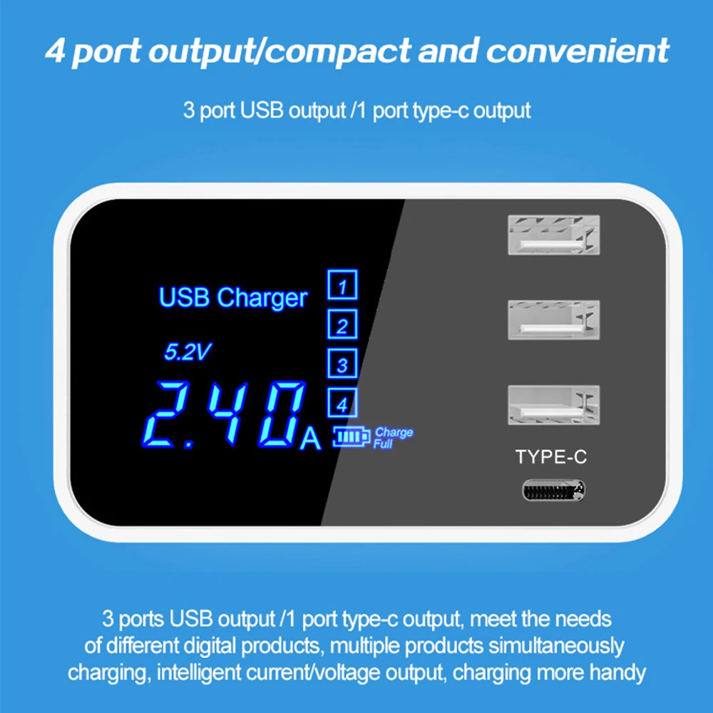 4 ports led display type c usb charger for android iphone usb adapter socket fast phone charger for xiaomi huawei samsung s10 free global shipping