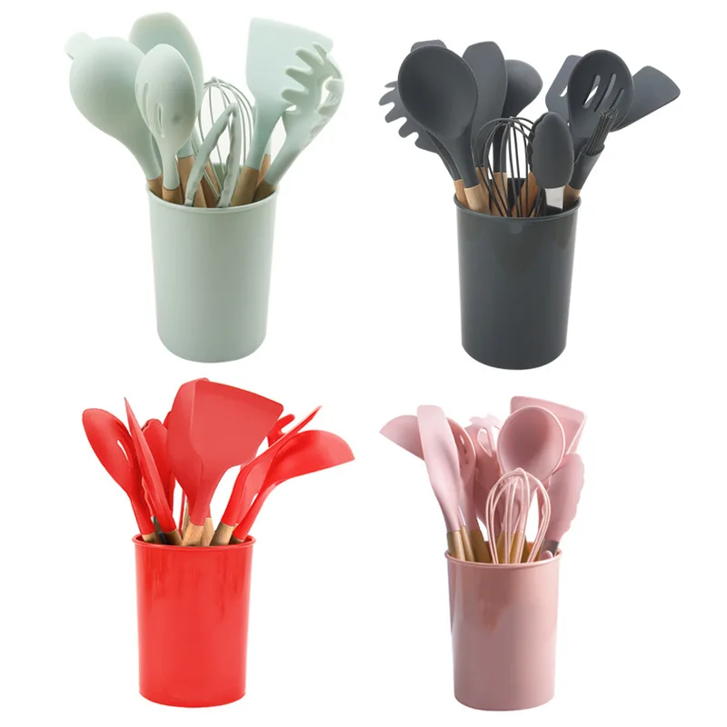 

Cookware Set Pink Cooking Kitchenware Tool Silicone Utensils With Wooden Handle Non-Stick Spatula Ladle Egg Beaters Shovel