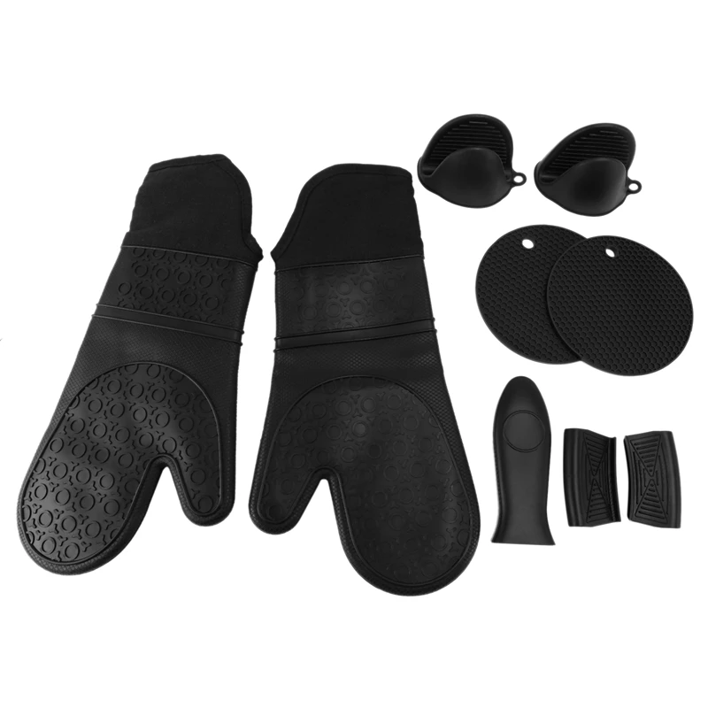 

Extra Long Silicone Oven Mitts and Pot Holders Sets, Heat Resistant Oven Mitts with Quilted Liner, Mini Oven Gloves