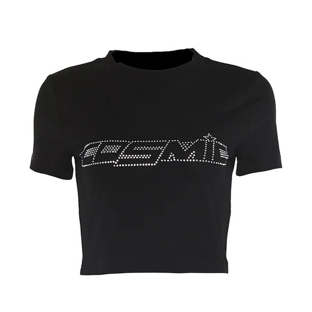 

Women Summer Y2K Short Sleeve Crop Top Shiny Hot Drill Rhinestone Cosmic Letter T-Shirt Navel Slim Vest Club Streetwear