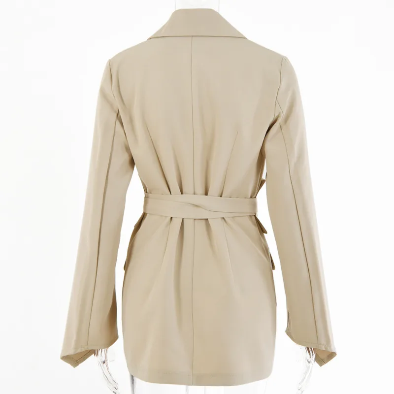 

Office Ladies Women New 2021 Fashion Solid Color Blazer Coat Vintage Long Sleeve Pockets Sashes Female Outerwear Chic Tops
