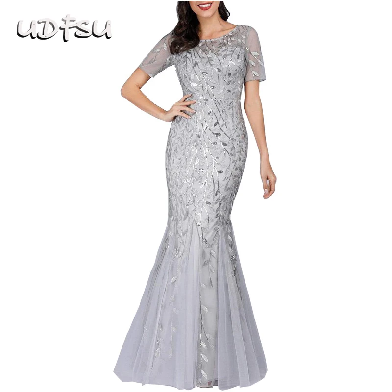 

UDFSU Women Elegant Short Sleeve Evening Dress Sexy Bodycon Mermaid Dresses O-Neck Lace Long Party Gowns