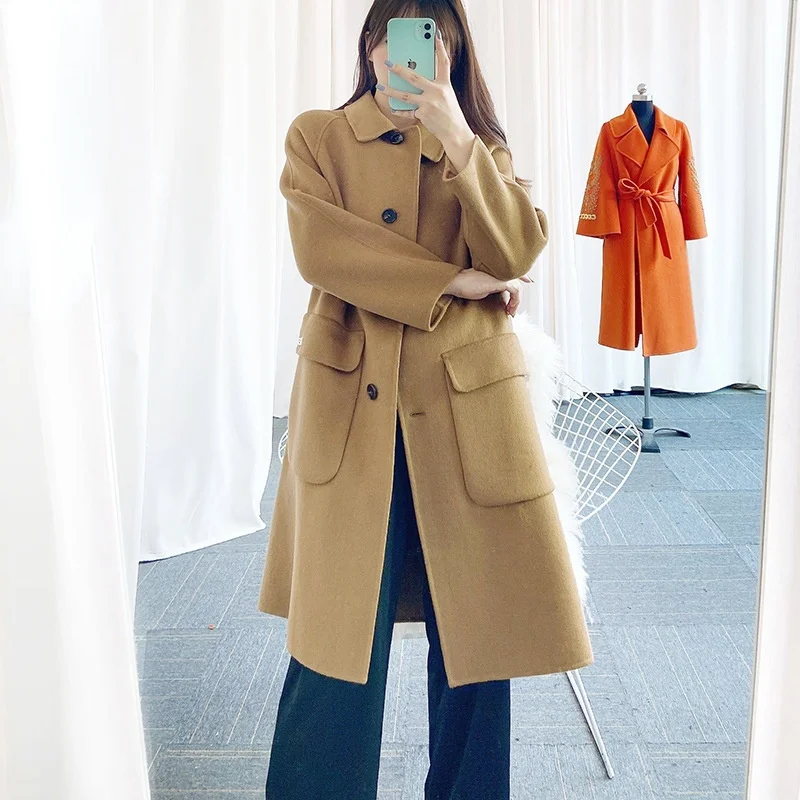 

Женское двухстороннее шерстяное пальто, однотонное однобортное пальто средней длины с карманами, Осень-зима 2021
