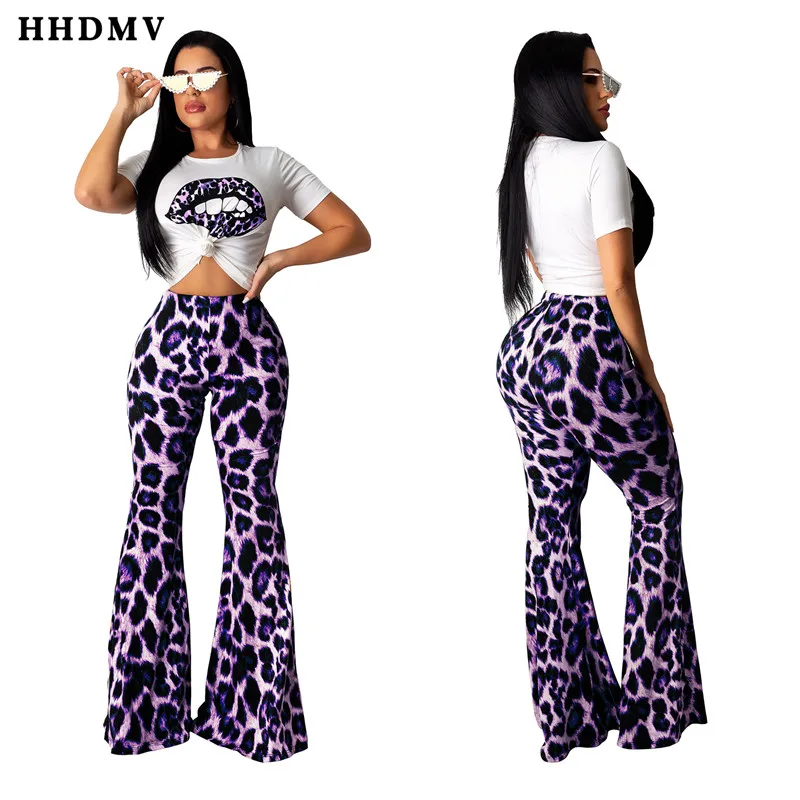 HHDMV ZSC087 summer high street style sets short sleeve round neck printed top elastic leopard grain long pants two piece |