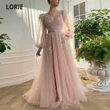 LORIE Fairy Prom Dress V Neck Appliques Flowers Pink Long Puff Sleeve Party Dress for Graduation Celebrity robe fete femme (3)