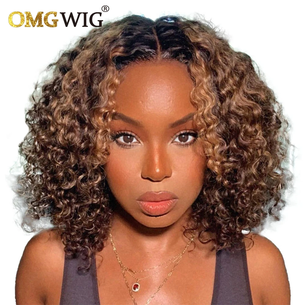 

Short Bob Curly Wig For Black Women 4x4x1 T Part Brazilian Remy Human Hair Wigs Highlight Deep Curl Lace Frontal Wig Pre Plucked