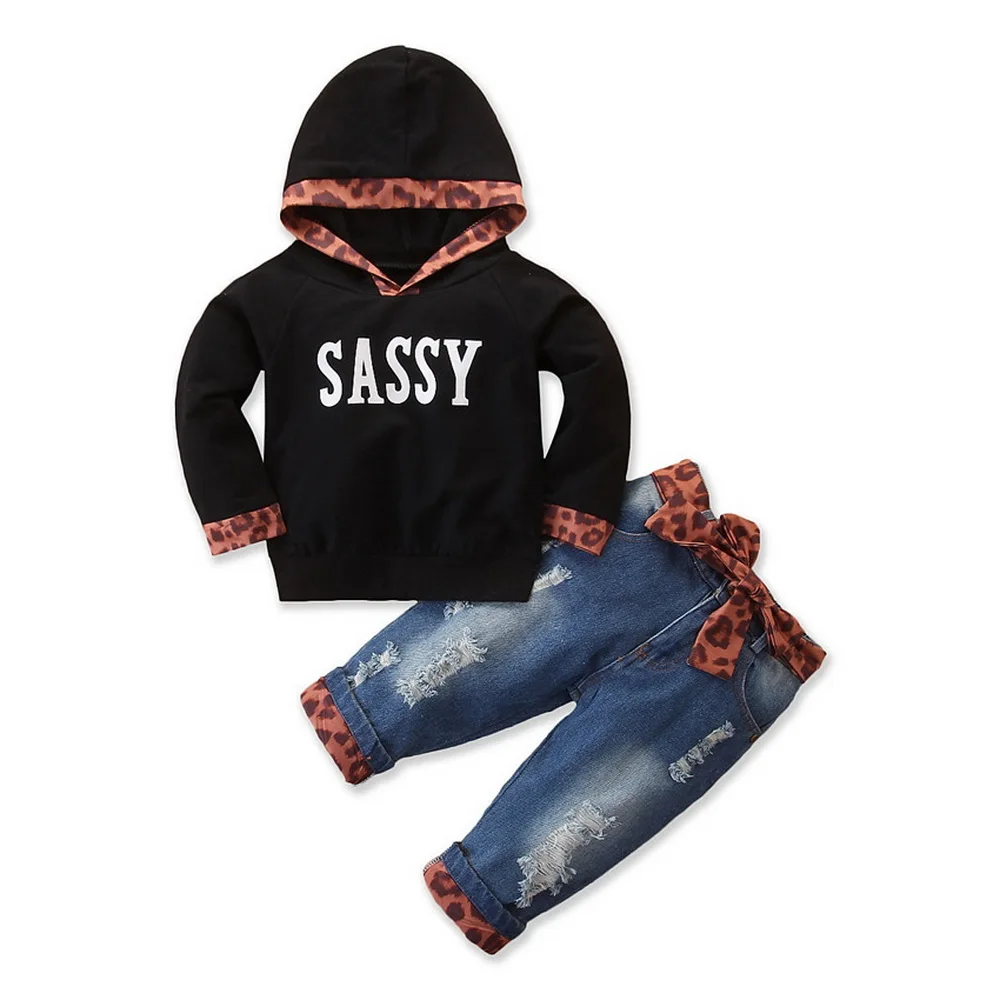2019 2PCS Outfit Children Suit Fashion Toddler Kids Girls Clothing Set Hooded Sweatshirts Tops+Jean Denim Pant Leopard Decor D20 | Детская
