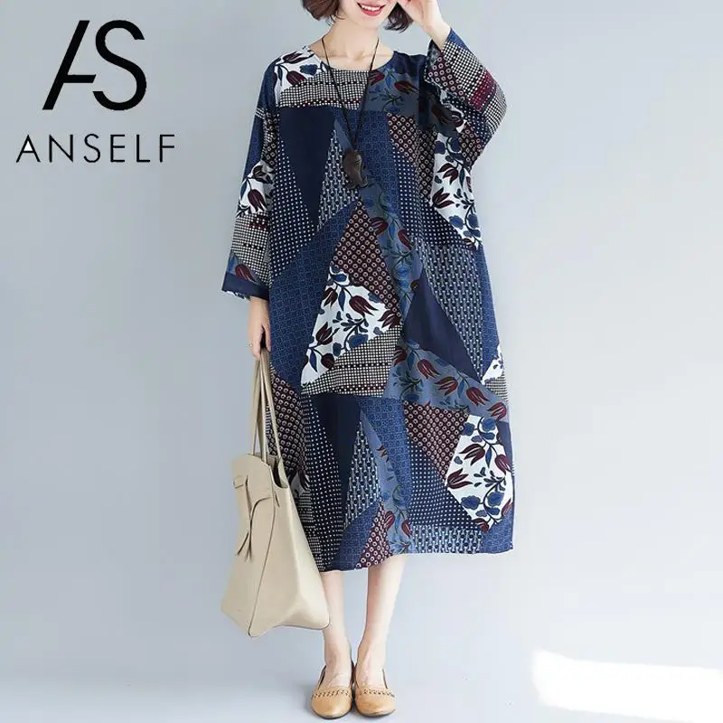 Женское свободное платье в этническом стиле ANSELF Длинное бохо с длинным рукавом и