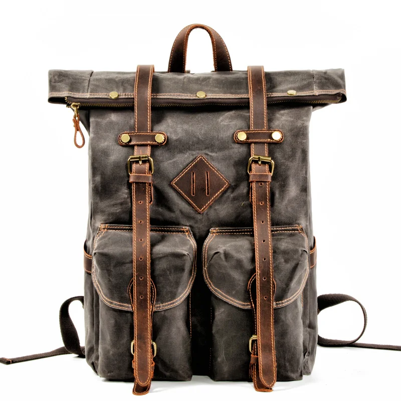 Canvas leather backpack men's multifunctional laptop bag a large number of waterproof belt stitching knapsack bookbag | Багаж и сумки