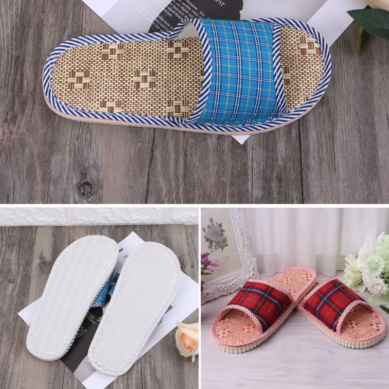 

Unisex Linen Flax Plaid House Flat Slipper Indoor Home Cozy Open Toe Scuffs