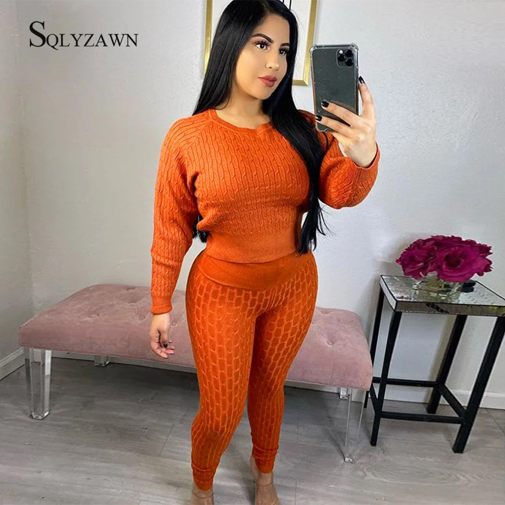 

Knitted 2 Piece Set Women Long Sleeve Crop Tops And Pencil Pants Sexy 2019 Autum Winter Sweater Skinny Two Piece Set Outfits