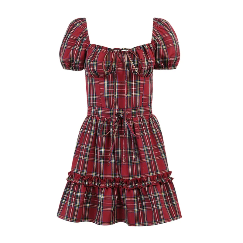 

Gothic Red Plaid Mini Dress Women Fairy Grunge Puff Sleeve High Waist Dress Streetwear Harajuku A-Line Lolita Dresses