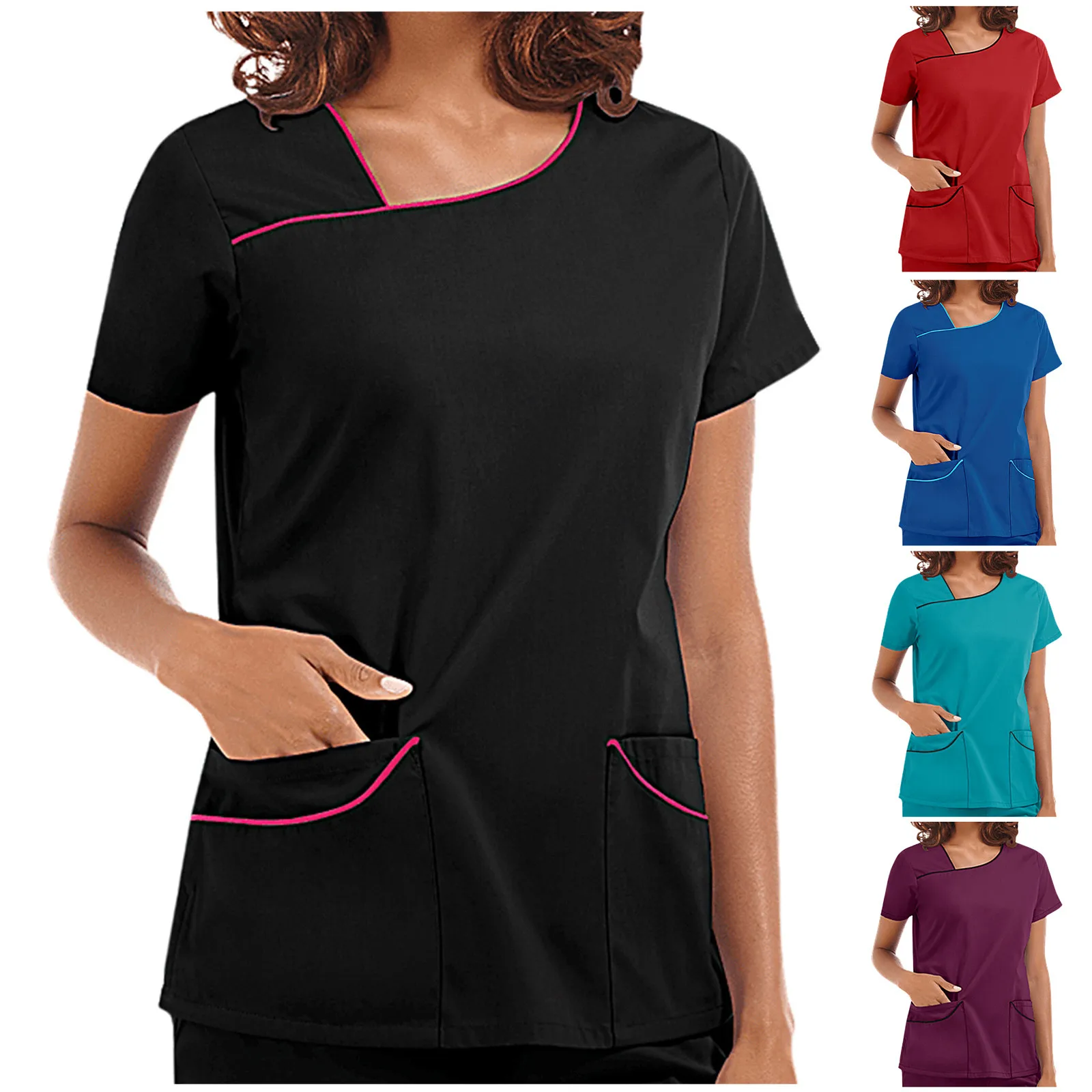 

2021 Women's Short Sleeve V-Neck Pocket Care Workers T-Shirt Tops Summer Workwear Tops Sexy Printed Nurse Uniform Clinic Blouse