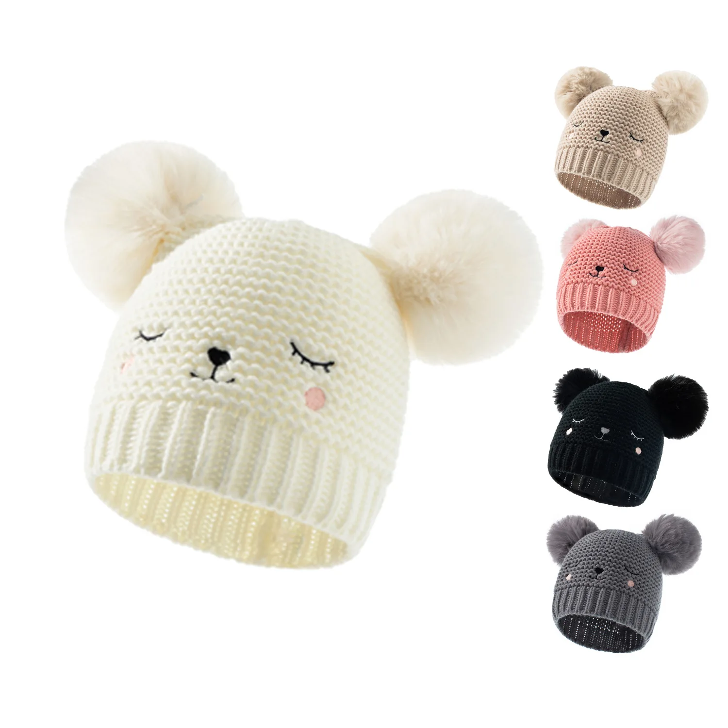 

Double Pompoms Smile Bear Kids Baby Hat Knitted Kids Bonnet Hats Warm Boy Girl Beanie Caps for Newborn Infant