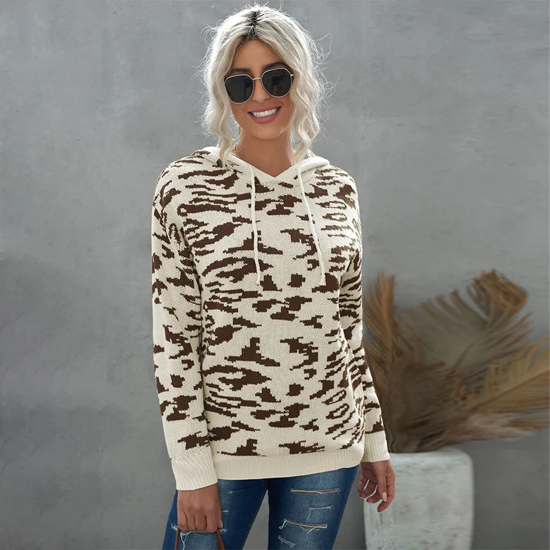 

Женский свитер с леопардовым принтом, свитер с капюшоном и карманом на шнурке в европейском и американском стиле, новинка сезона осень-зима ...