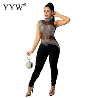 woman fashion sexy mesh see through ironed drill sleeveless one piece pants glitter party dress 2021 summer temperament dress