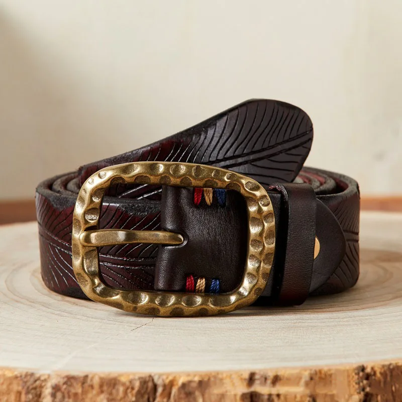 Men's Leather Belts For Men Vintage Brass Buckle Waistband Strap Jeans Belt For Male Cowhide Belt