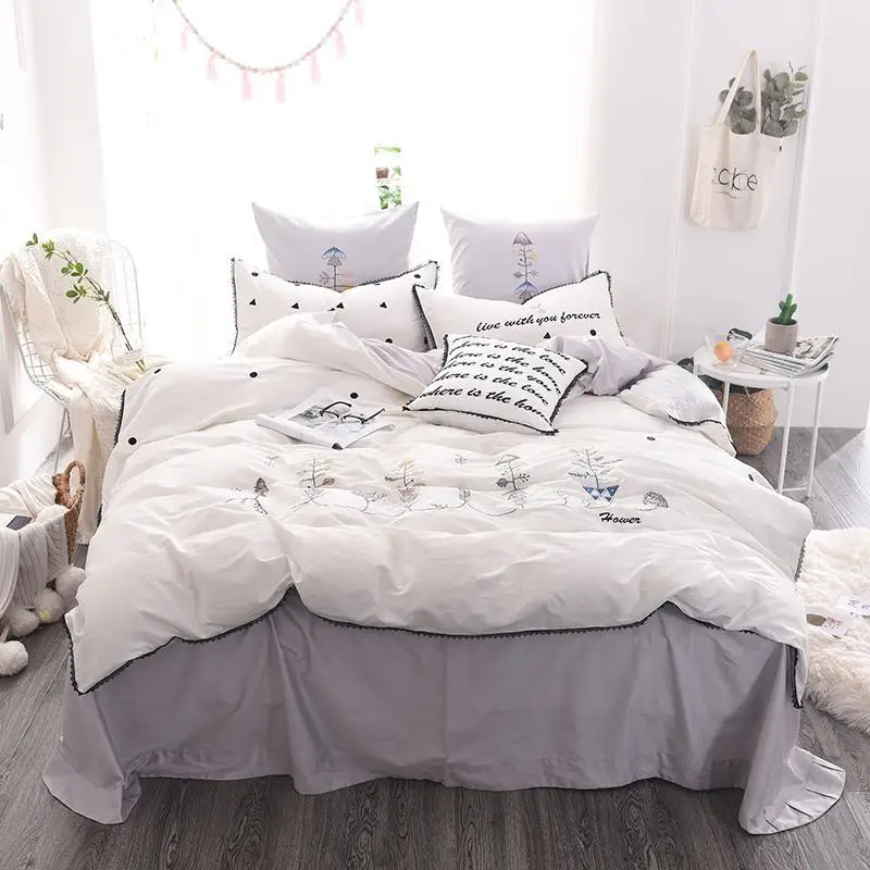 

42 embroidery Bedding Set 4pcs egyptian Cotton Duvet Cover Bed Sheet Pillowcases Bedroom Textile Bed Linen Queen girls Bed