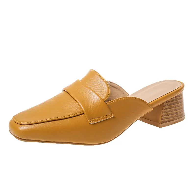 

Women's Med Heels Half Slippers Piel Sandalias De Verano Para Mujer Sandals Leather Shoes Pantuflas Office Lady Slip Ons Pumps