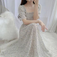 2021 summer new korean one piece slim womens midi dress gentle style sweet elegant square collar floral chiffon dresses female