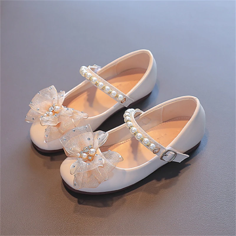 

New Spring/Autumn Rhinestone Pearl Girls Children Leather Shoes Bow Princess Performance Student Baby Toddler Flats Dress 033