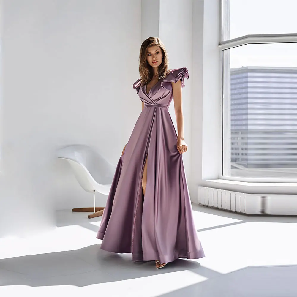 

Лавандовое атласное вечернее платье-трапеция с высоким разрезом сбоку рукавами-крылышками платья с открытой спиной для выпускного вечера ...